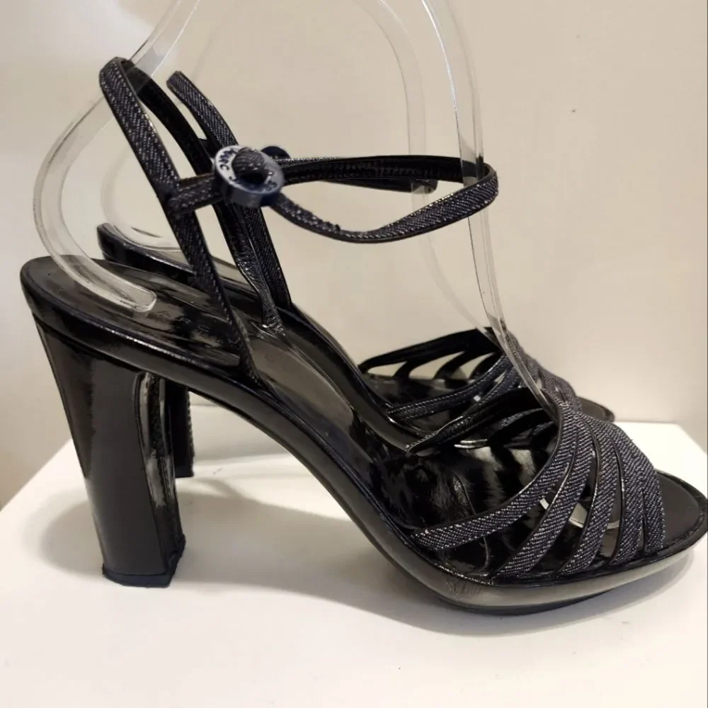 Marc Jacobs Black Patent Leather/Denim Strappy Platform Sandals Sz.7.5/38.5 $495